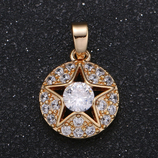 Gold Micro Pave CZ Star Charm, Cubic Galaxy Solitaire CZ Pendant, Coin Pendant, Celestial Jewelry -421