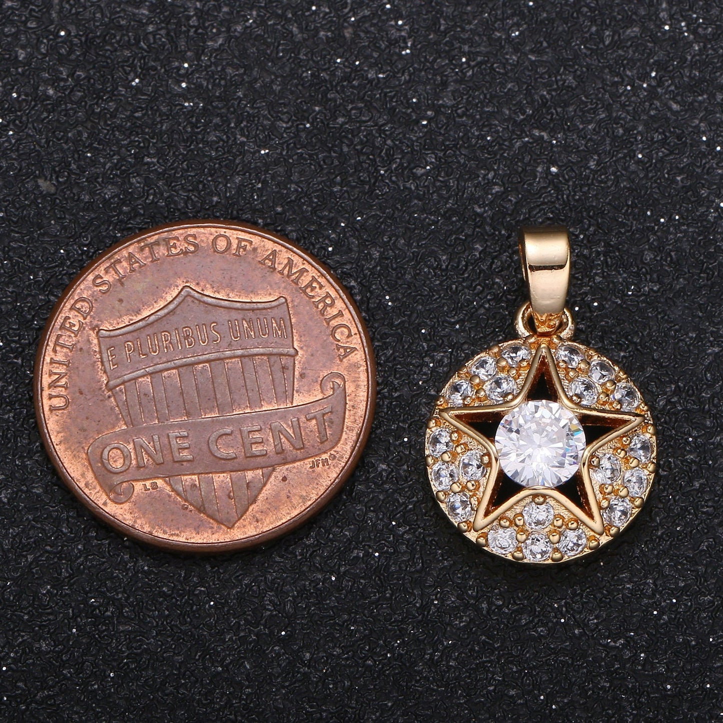 Gold Micro Pave CZ Star Charm, Cubic Galaxy Solitaire CZ Pendant, Coin Pendant, Celestial Jewelry -421