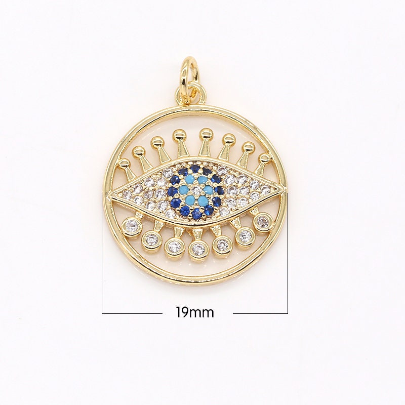 Round Disc Blue Evil Eye Charm, Gold Plated Medallion Charm Eye of Ra Amulet Jewelry Pendants Cubic Zirconia, 613