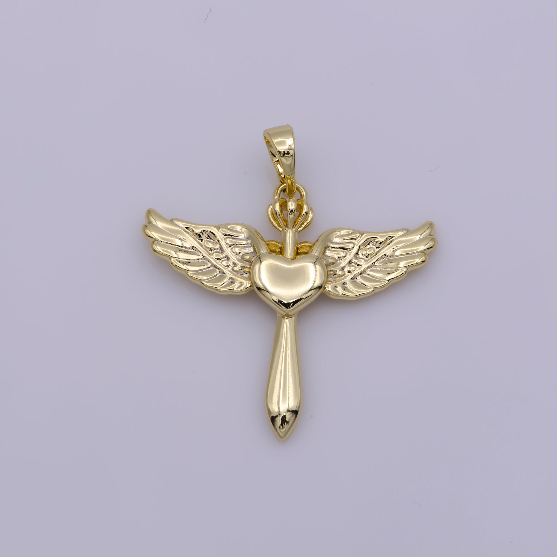14k Gold Filled Cross with Wing Pendant Heart Center for Necklace Bracelet Earring Component