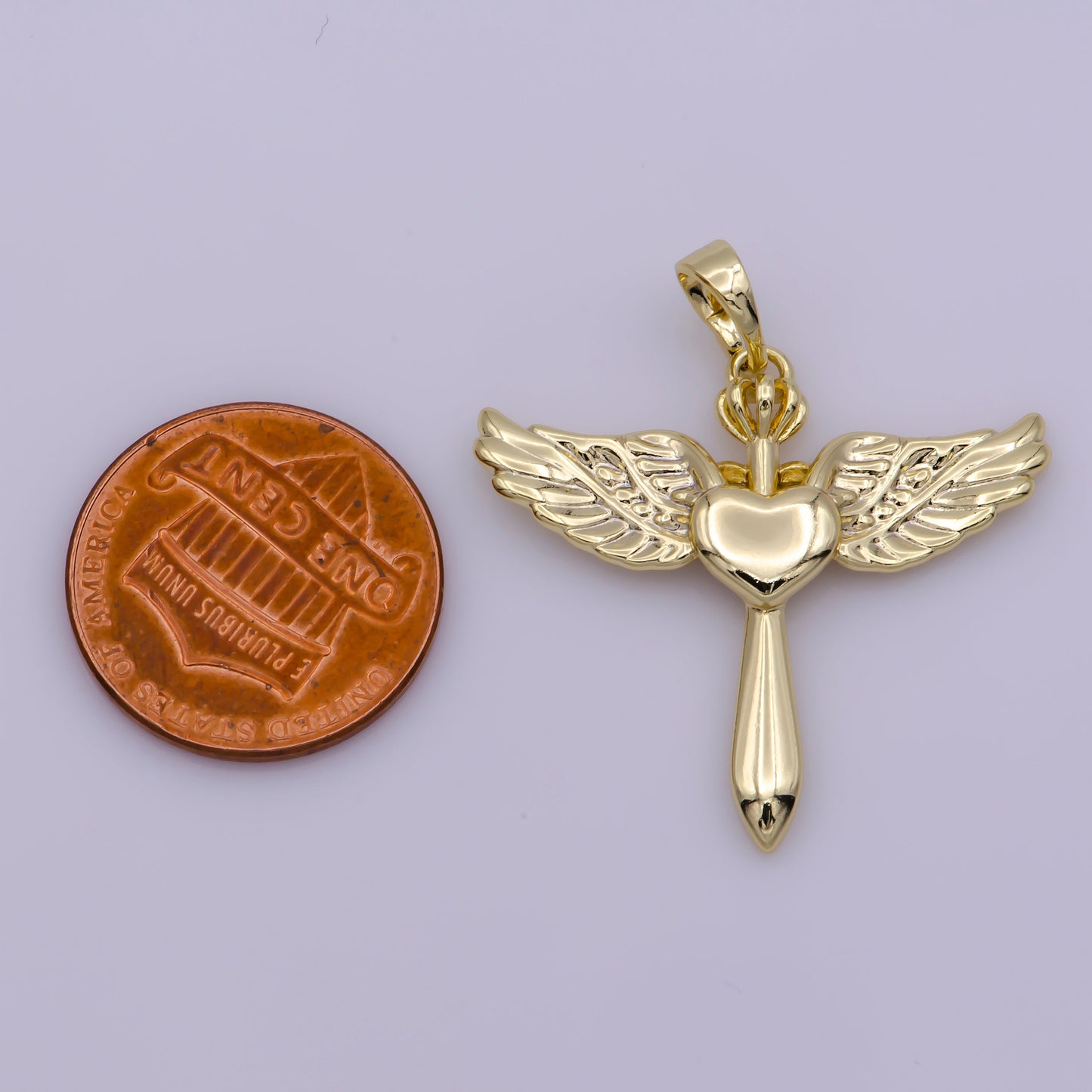 14k Gold Filled Cross with Wing Pendant Heart Center for Necklace Bracelet Earring Component
