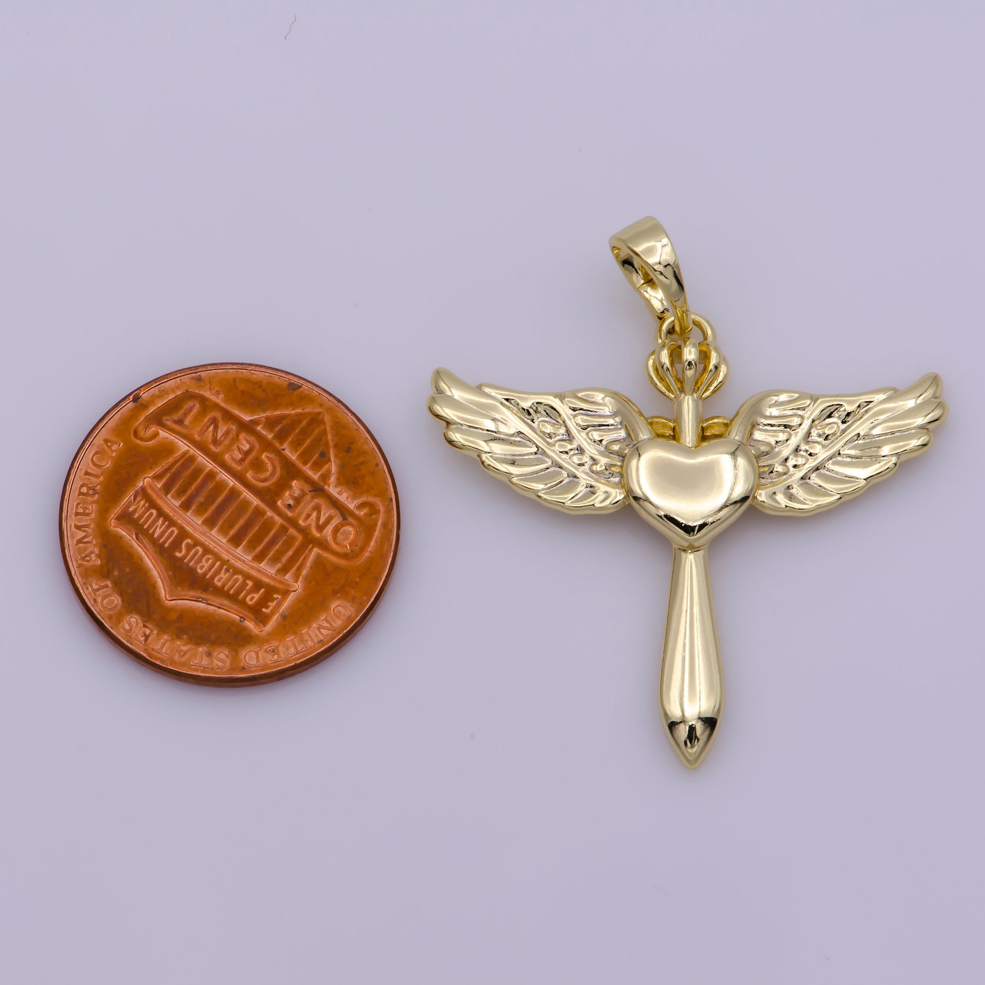 14k Gold Filled Cross with Wing Pendant Heart Center for Necklace Bracelet Earring Component