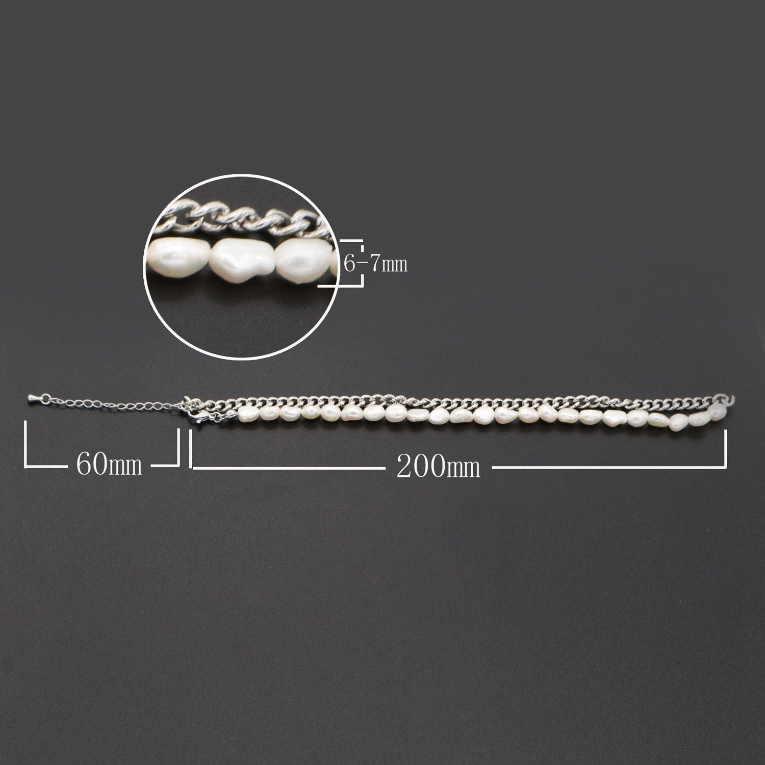 White Fresh Water Baroque Pearl Silver Curb Chain Link Necklace Unisex Jewelry, 6 mm Pearl Necklace 15 inch + 2 " extender, WA-286