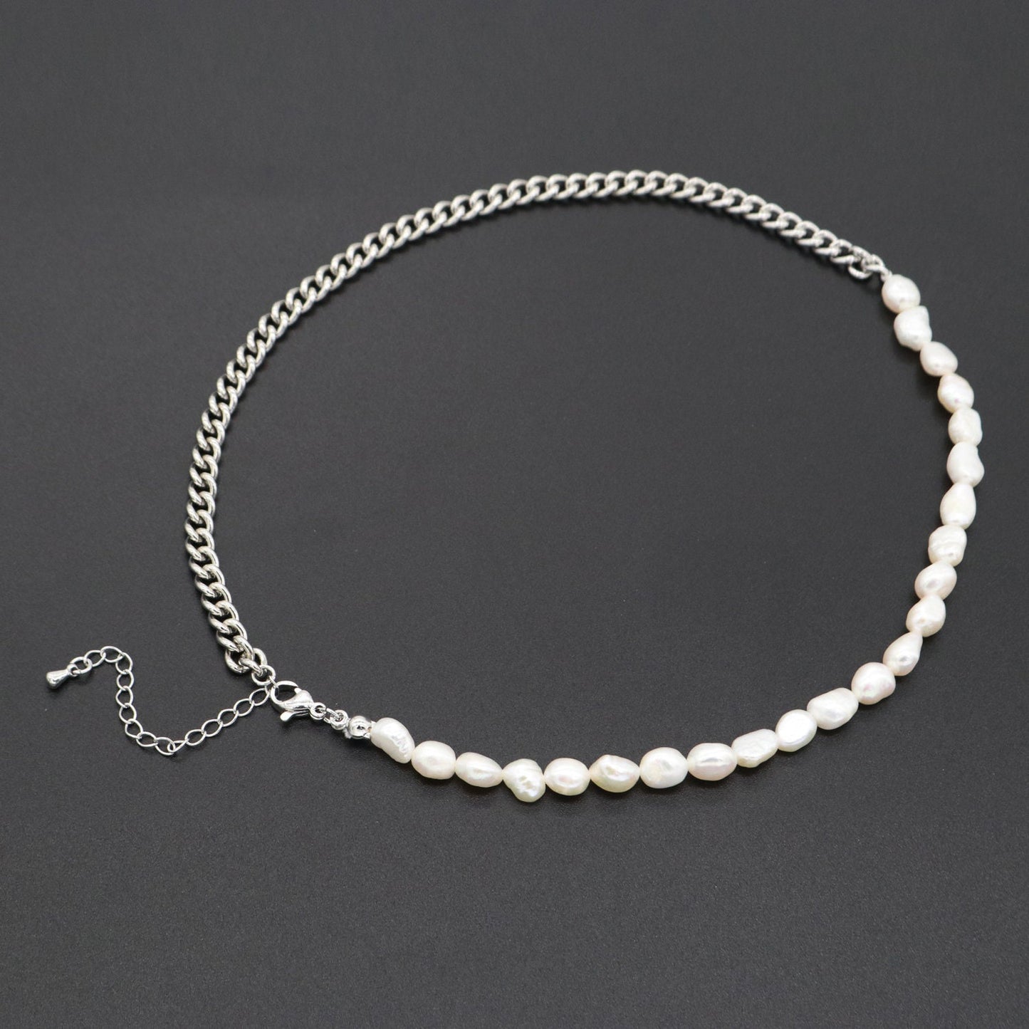 White Fresh Water Baroque Pearl Silver Curb Chain Link Necklace Unisex Jewelry, 6 mm Pearl Necklace 15 inch + 2 " extender, WA-286