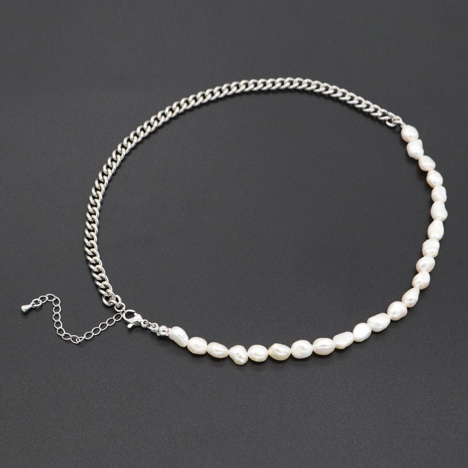 White Fresh Water Baroque Pearl Silver Curb Chain Link Necklace Unisex Jewelry, 6 mm Pearl Necklace 15 inch + 2 " extender, WA-286