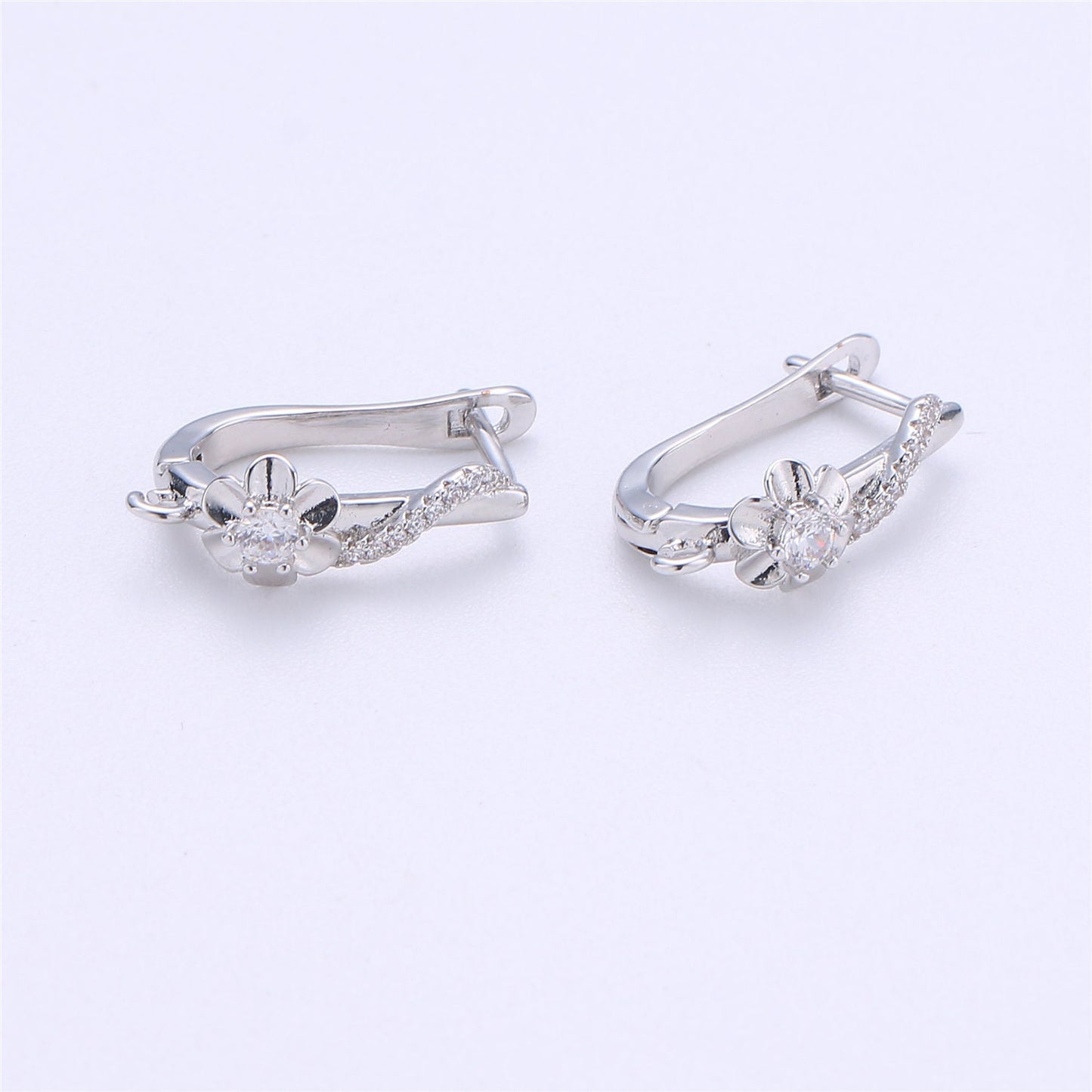 Silver Flower Huggie Clear cubic one touch w/ open link, Lead Nickel free Lever back earring making Component Cz Earring Supply
