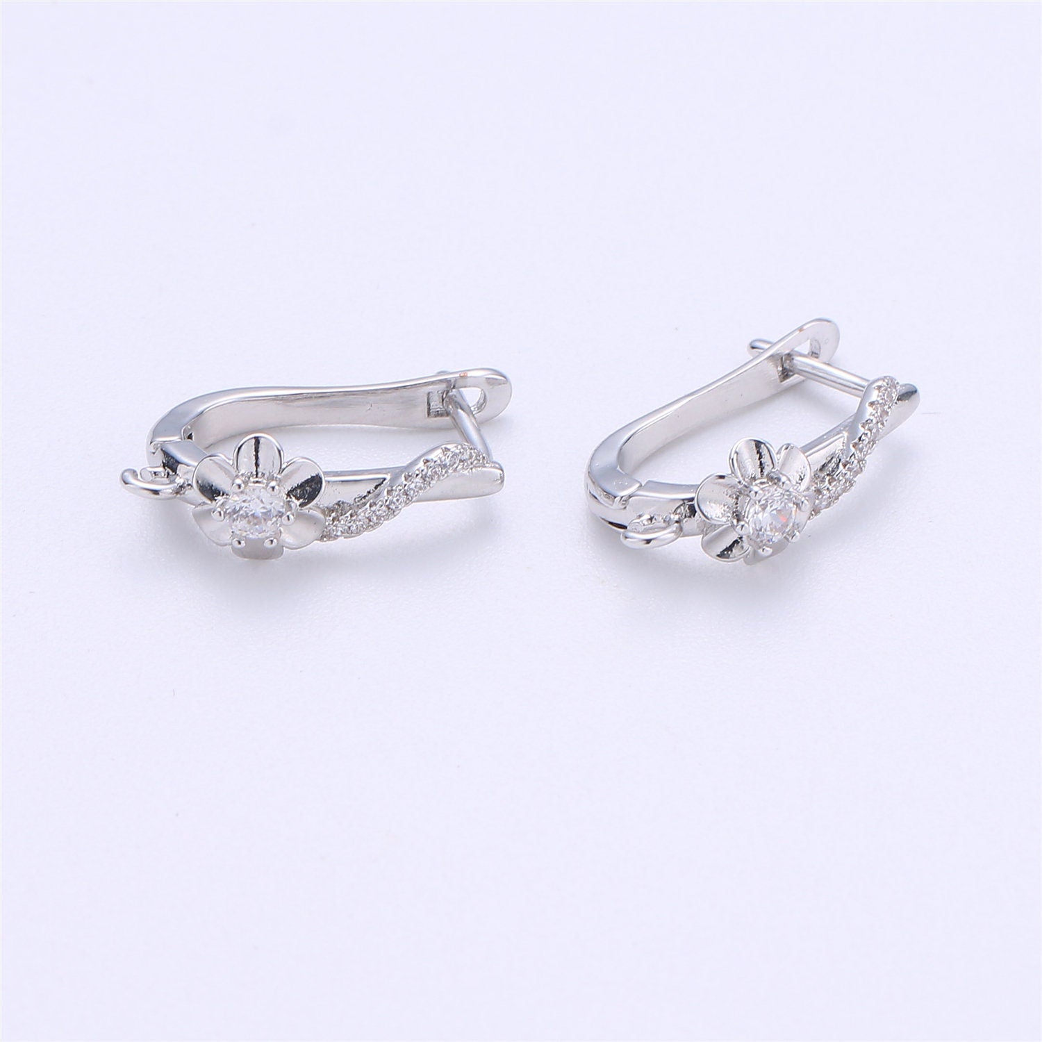 Silver Flower Huggie Clear cubic one touch w/ open link, Lead Nickel free Lever back earring making Component Cz Earring Supply