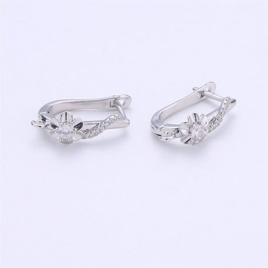 Silver Flower Huggie Clear cubic one touch w/ open link, Lead Nickel free Lever back earring making Component Cz Earring Supply