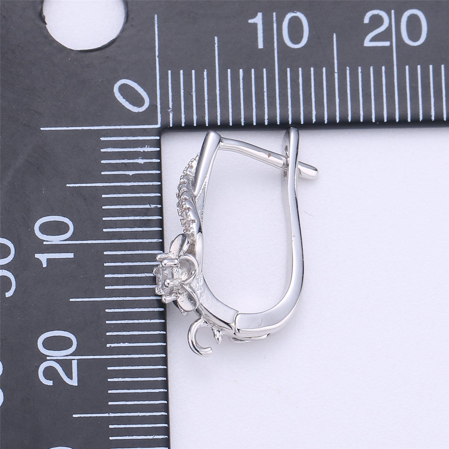 Silver Flower Huggie Clear cubic one touch w/ open link, Lead Nickel free Lever back earring making Component Cz Earring Supply