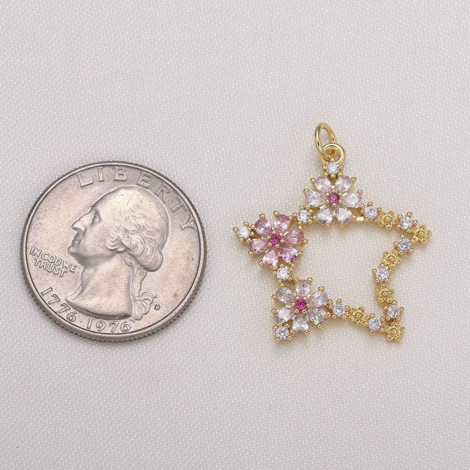 Gold Micro Pave CZ Star Charm, Cubic Flower CZ Pendant, Wreath of gold flower Pendant, Celestial Jewelry -589