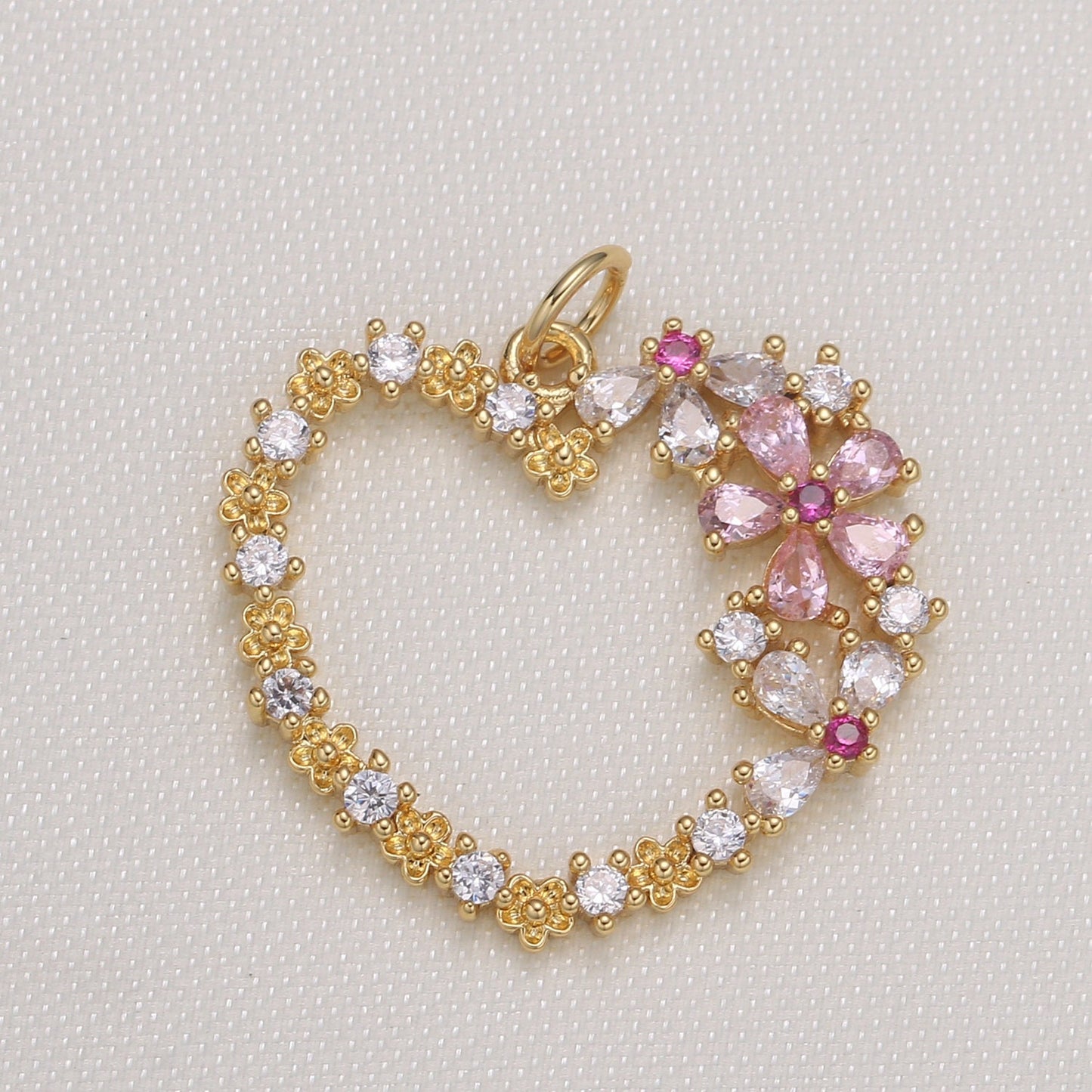 Gold Micro Pave CZ Heart Charm, Cubic Flower CZ Pendant, Wreath of gold flower Pendant, Love Jewelry, 594