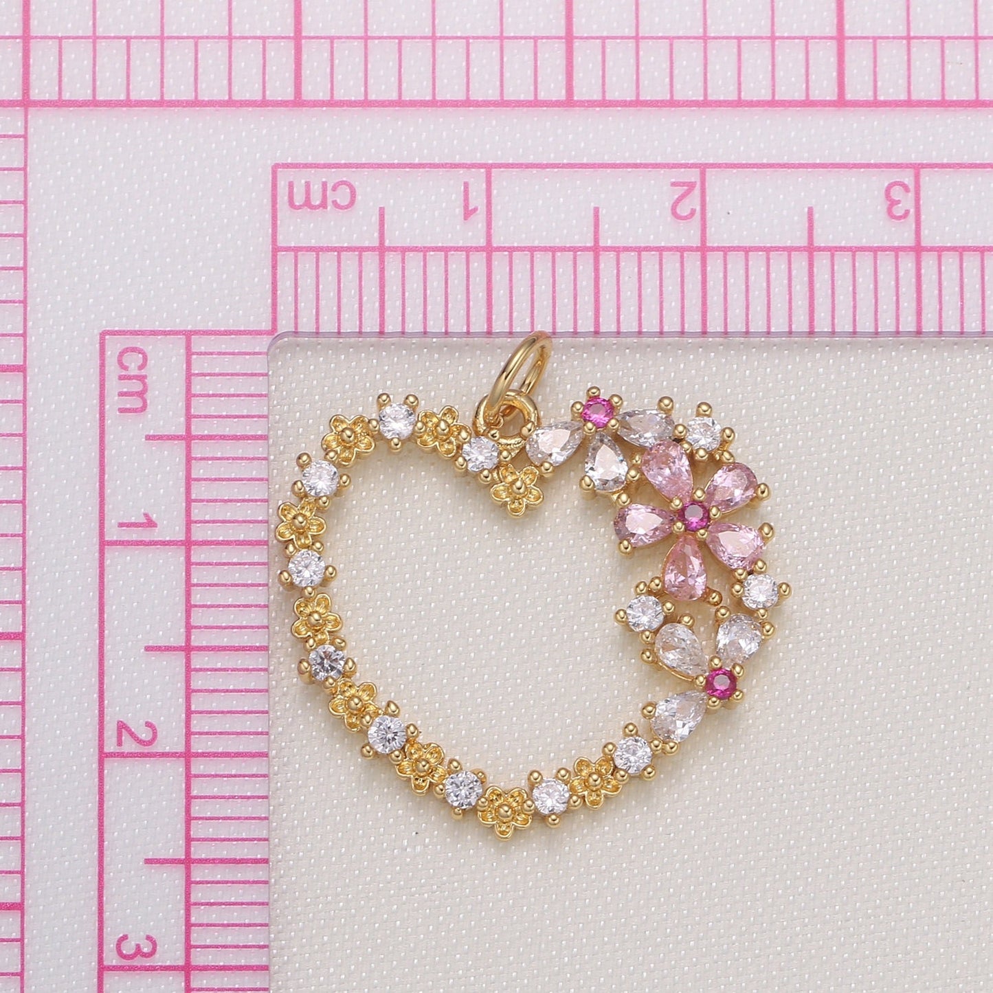Gold Micro Pave CZ Heart Charm, Cubic Flower CZ Pendant, Wreath of gold flower Pendant, Love Jewelry, 594