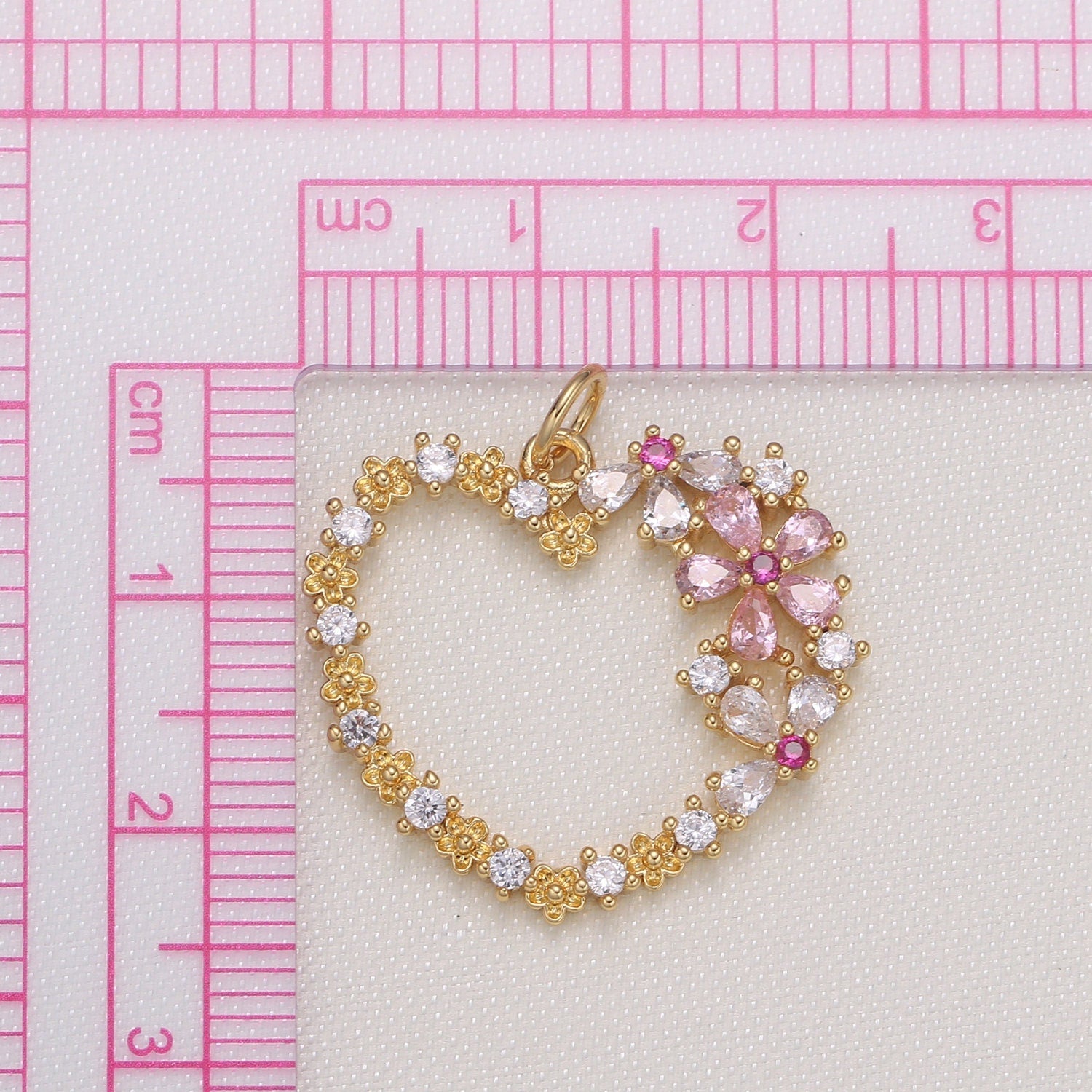 Gold Micro Pave CZ Heart Charm, Cubic Flower CZ Pendant, Wreath of gold flower Pendant, Love Jewelry, 594