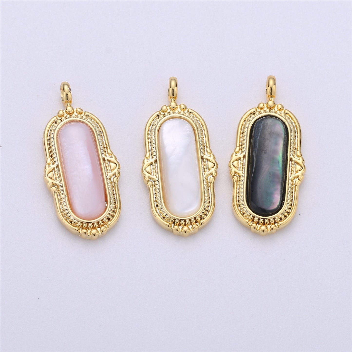 25x12mm Oval Charm, mother of pearl in 24k Gold Filled for Necklace Earring Component Pink White Black Pearl Charm