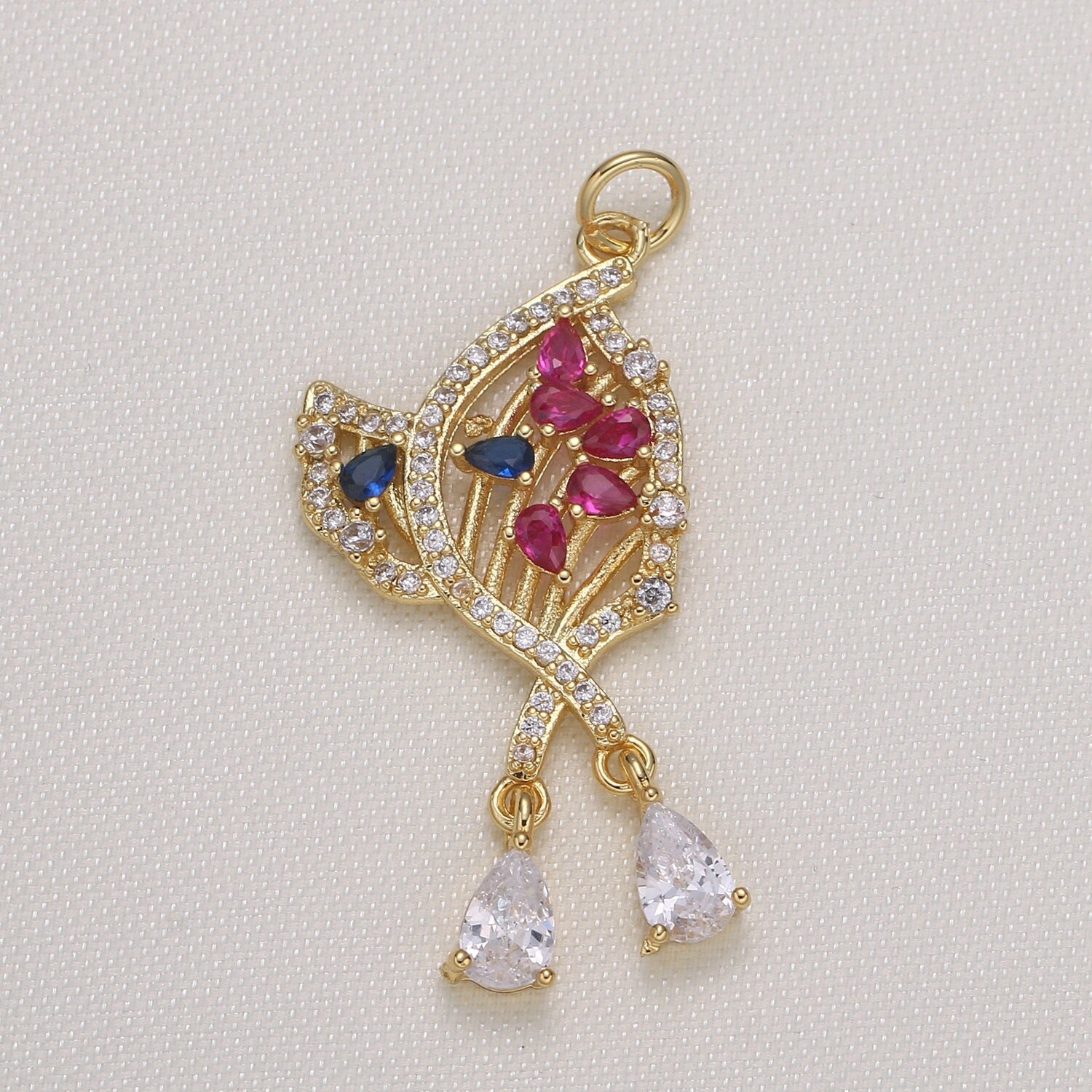 Gold Micro Pave CZ Bouquet Charm, Cubic Flower CZ Pendant, Pear Cut Cubic flower Pendant, Fashion Jewelry -585
