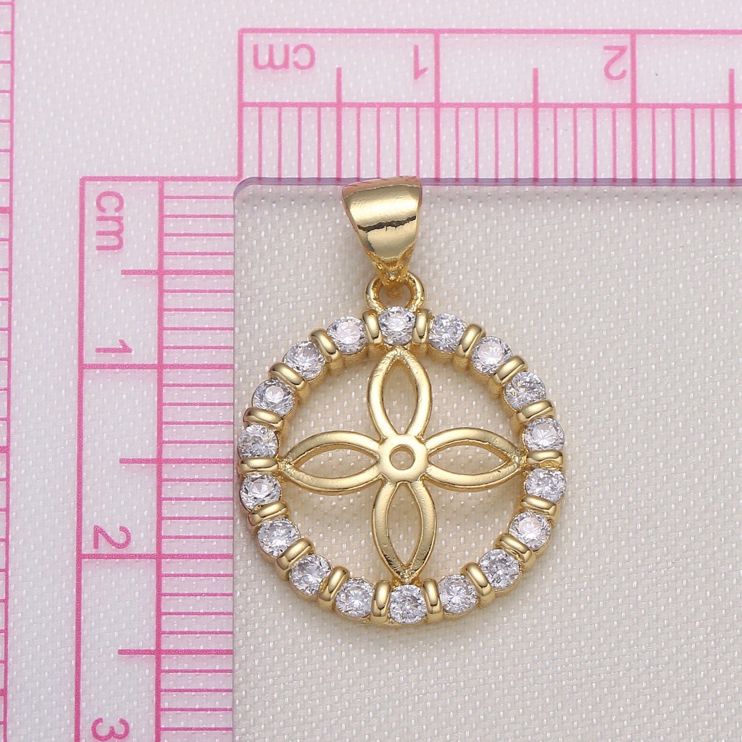 Jasmine Gold Charm CubicFlower Charm. CZ Pave Pendant, Designer's Jewelry Supplies. DIY Craft Supplies. Round Pendant, 581