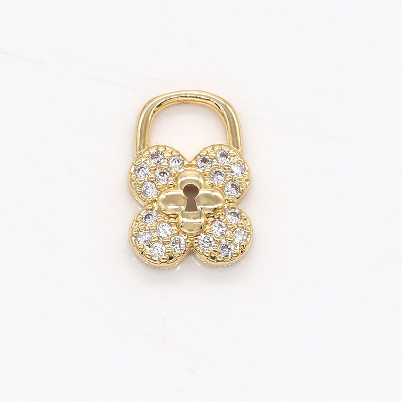 Mini Clover Lock Charms, Micro Pave Gold Padlock Charms, , Padlock Pendant, Lock Pendant, Padlock Necklace Bracelet Earring Charm, 801