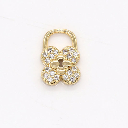 Mini Clover Lock Charms, Micro Pave Gold Padlock Charms, , Padlock Pendant, Lock Pendant, Padlock Necklace Bracelet Earring Charm, 801