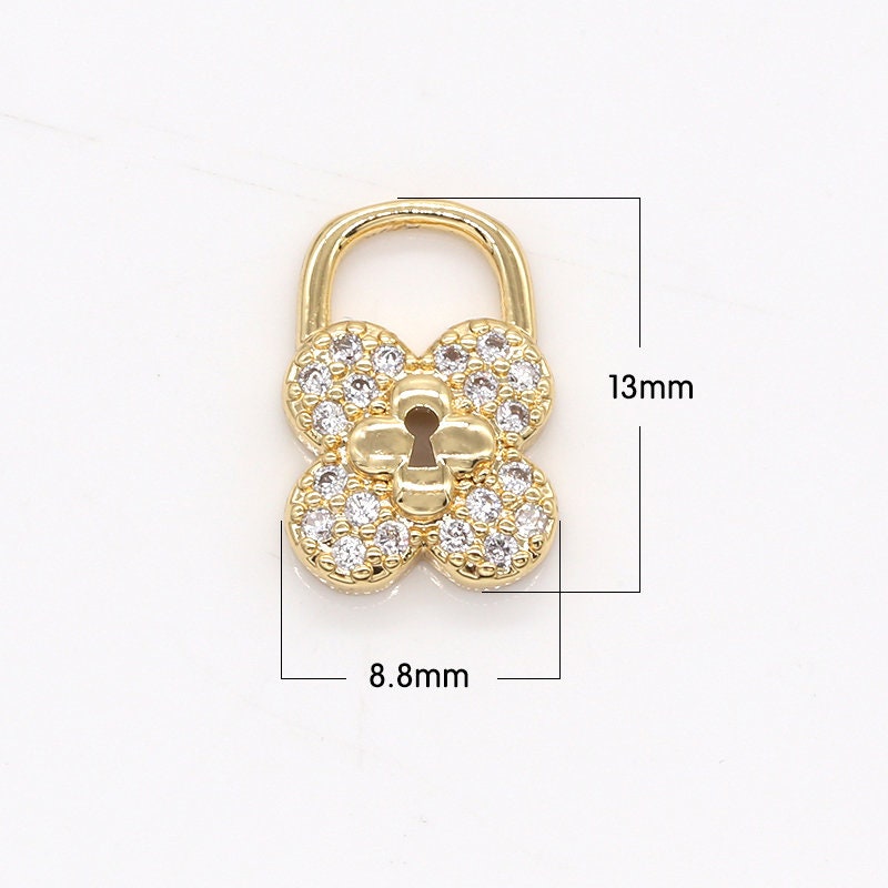 Mini Clover Lock Charms, Micro Pave Gold Padlock Charms, , Padlock Pendant, Lock Pendant, Padlock Necklace Bracelet Earring Charm, 801