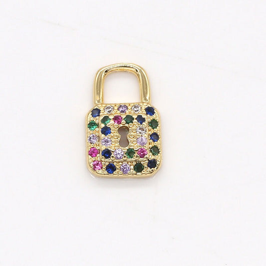Mini Multi Color CZ Lock Charms, Micro Pave Gold Padlock Charms, Square Lock Pendant, Padlock Necklace Bracelet Earring Charm, 798