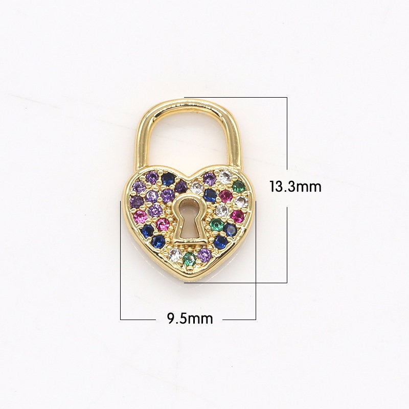 Mini Multi Color Heart CZ Lock Charms, Micro Pave Gold Padlock Charms, Love Lock Pendant, Padlock Necklace Bracelet Earring Charm,796