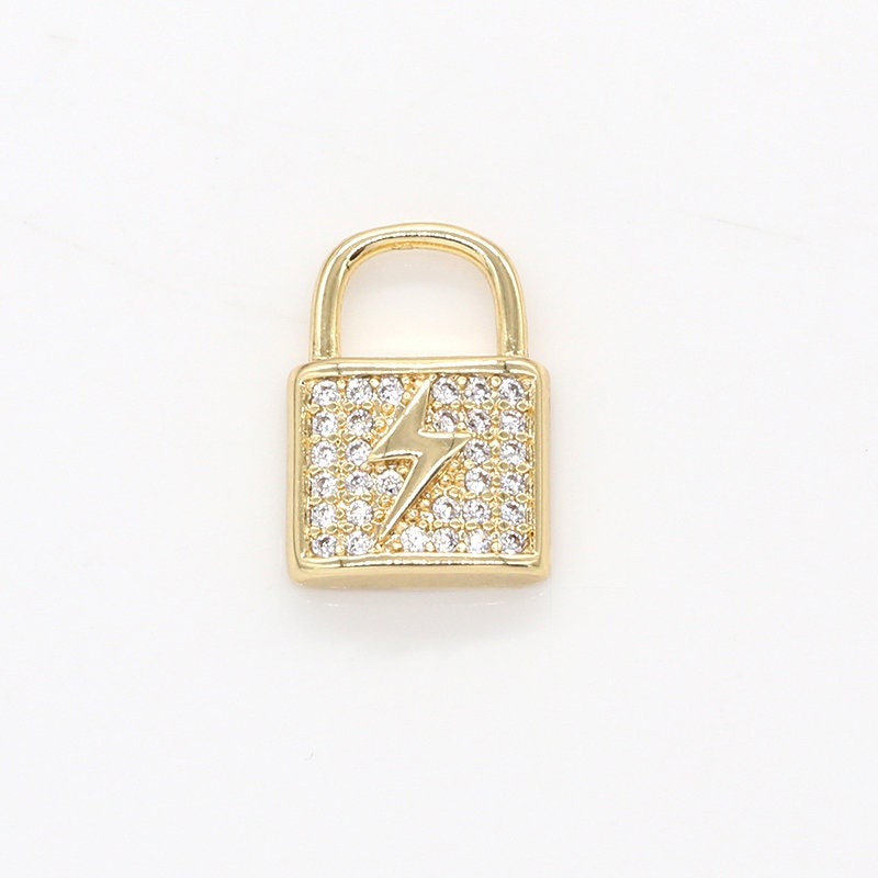 Mini Thunderbolt CZ Lock Charms, Micro Pave Gold Padlock Charms, Lightning Lock Pendant, Padlock Necklace Bracelet Earring Charm, 786