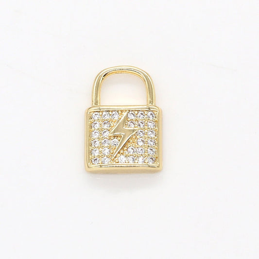 Mini Thunderbolt CZ Lock Charms, Micro Pave Gold Padlock Charms, Lightning Lock Pendant, Padlock Necklace Bracelet Earring Charm, 786