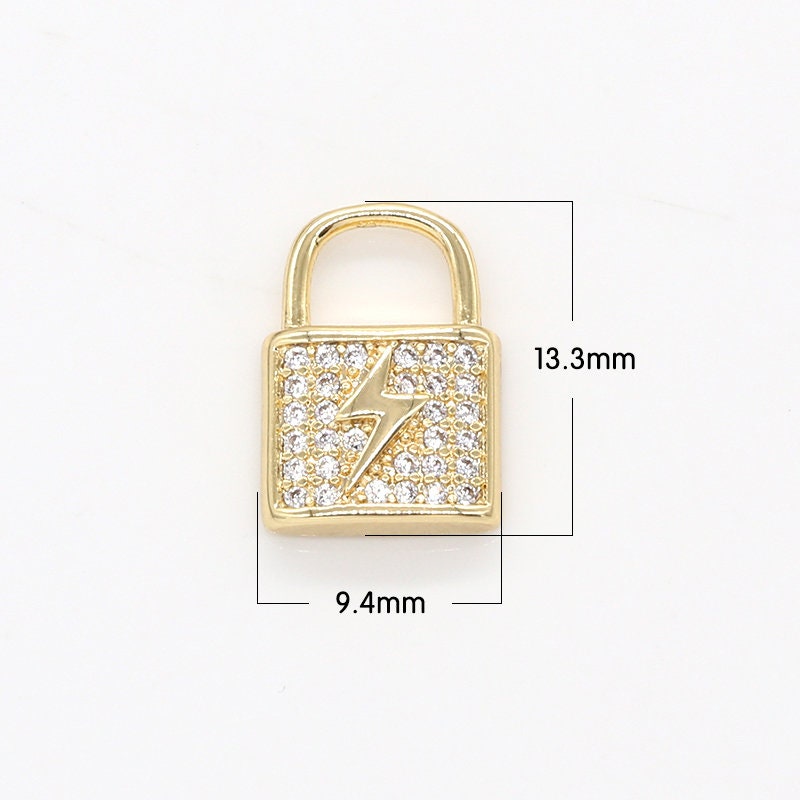 Mini Thunderbolt CZ Lock Charms, Micro Pave Gold Padlock Charms, Lightning Lock Pendant, Padlock Necklace Bracelet Earring Charm, 786