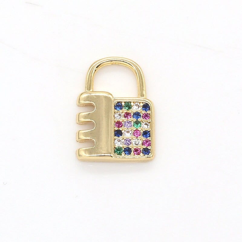 Mini Jagged Rainbow CZ Lock Charms, Micro Pave Gold Padlock Charms, Square Lock Pendant, Padlock Necklace Bracelet Earring Charm, 785