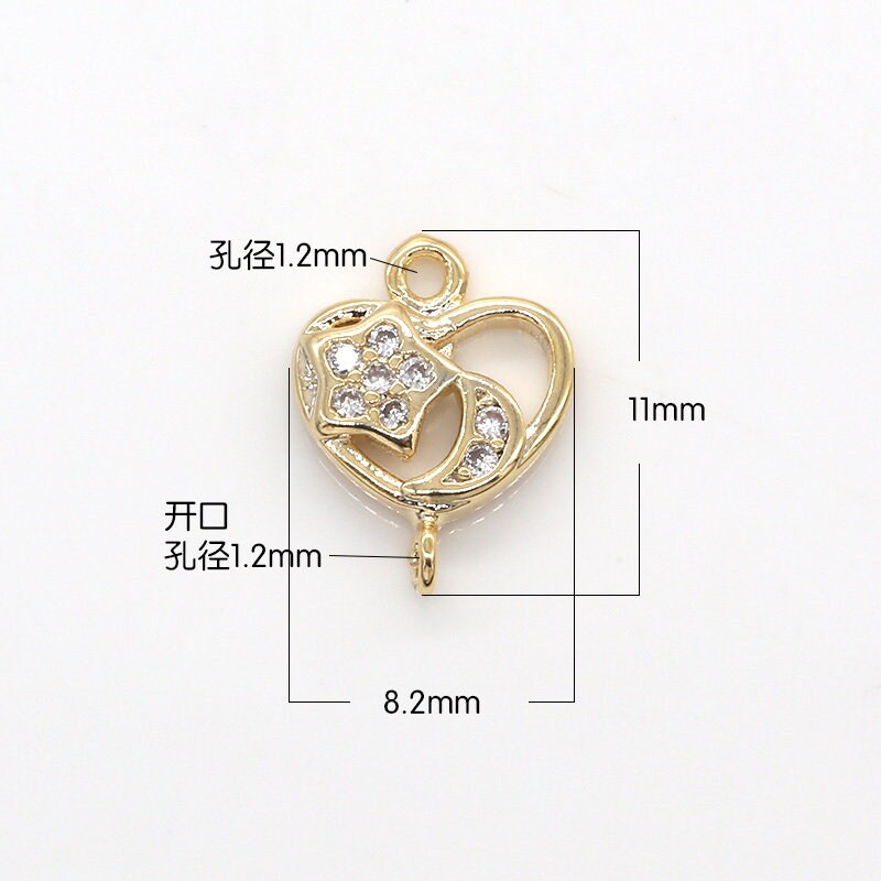 Dainty Heart Charm Earring Connector, Dangle Star Charm Necklace Link Connector Charms, Moon Lariat Jewelry Gold Micro pave 329