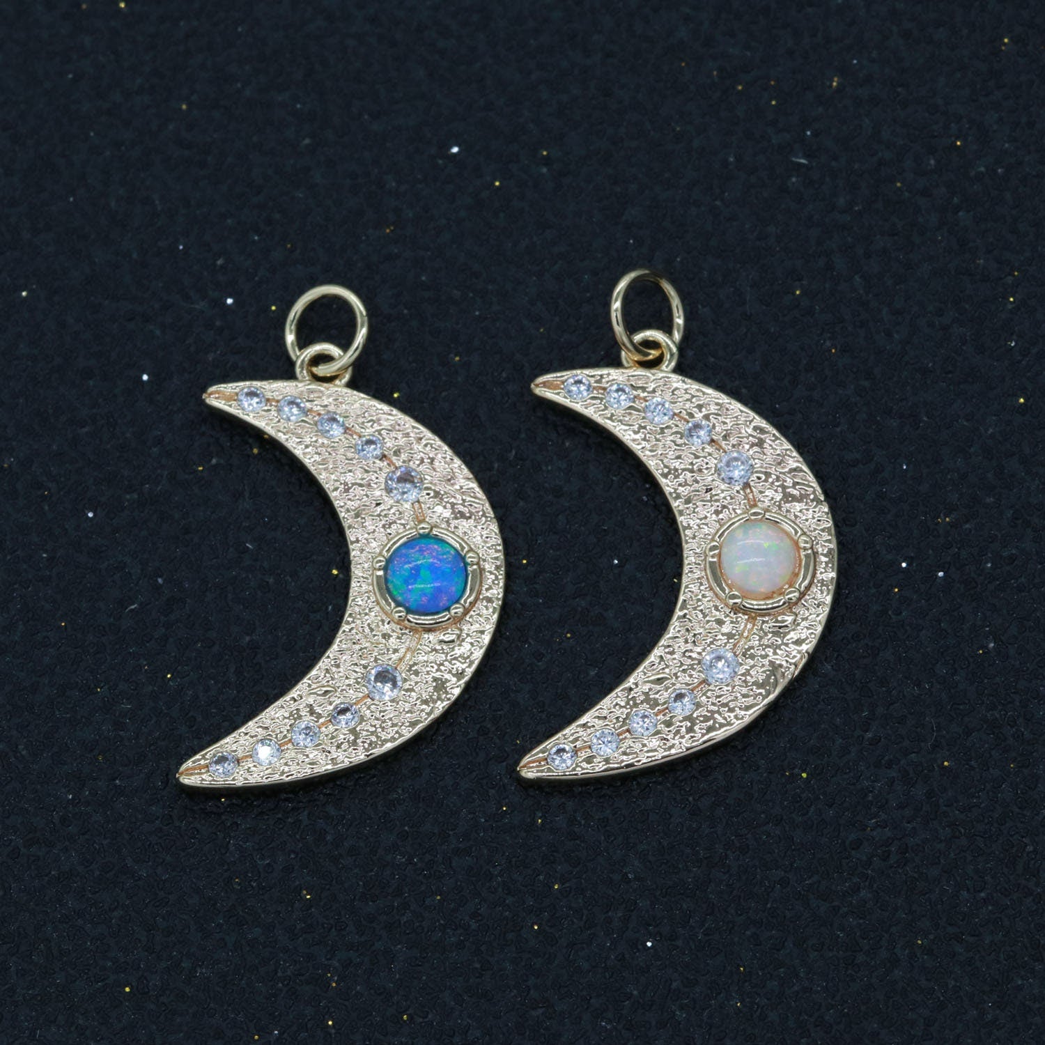 1x 14k Gold Filled Micro Pave Moon Charm, Blue Opal Crescent Moon Pendant Charm For DIY Celestial Necklace Bracelet Earring