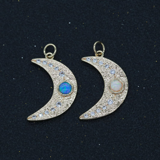 1x 14k Gold Filled Micro Pave Moon Charm, Blue Opal Crescent Moon Pendant Charm For DIY Celestial Necklace Bracelet Earring