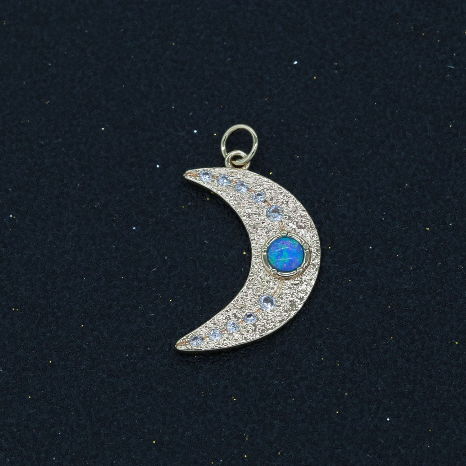 1x 14k Gold Filled Micro Pave Moon Charm, Blue Opal Crescent Moon Pendant Charm For DIY Celestial Necklace Bracelet Earring