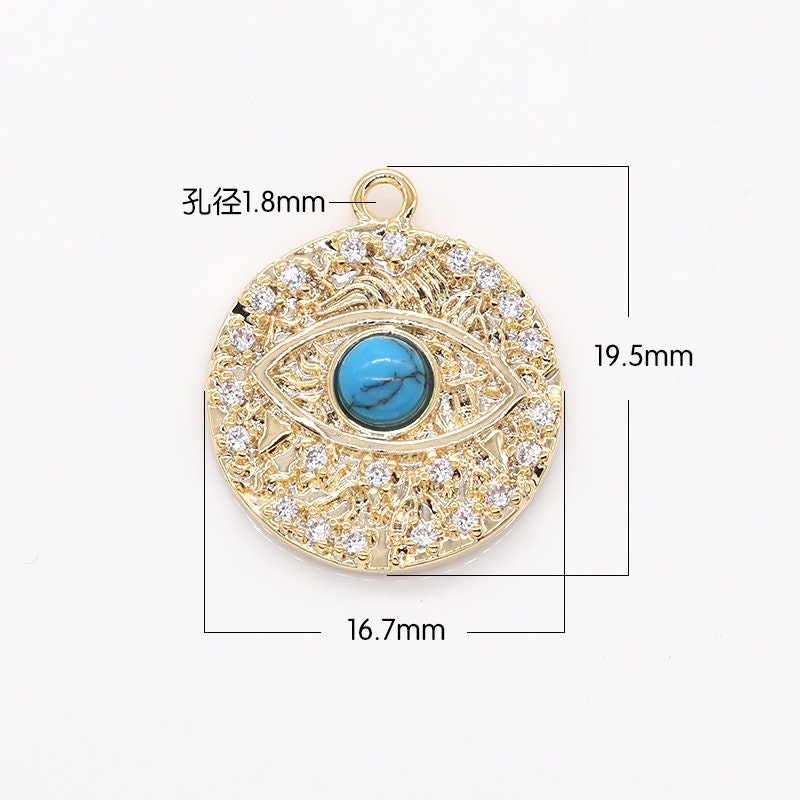 Round Disc Blue Evil Eye Charm, Gold Plated Medallion Charm Eye of Ra Amulet Jewelry Pendants Cubic Zirconia,485