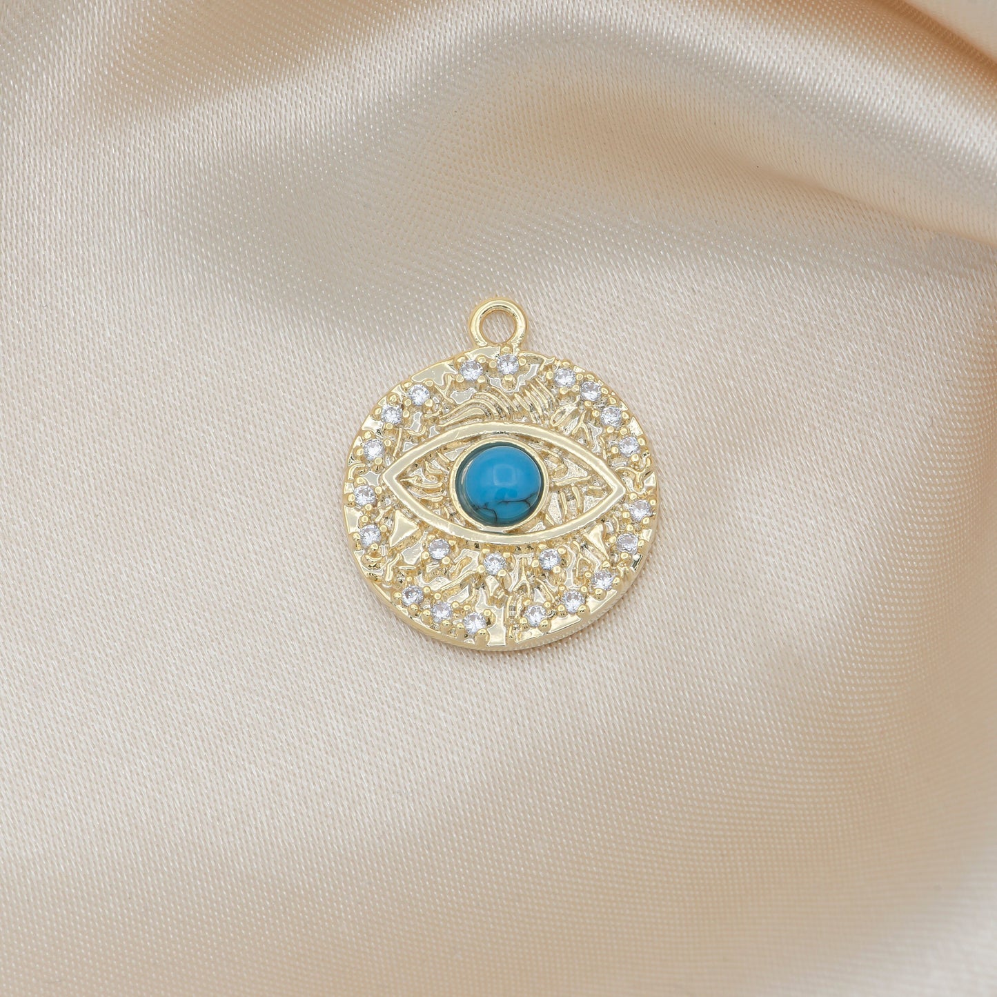 Round Disc Blue Evil Eye Charm, Gold Plated Medallion Charm Eye of Ra Amulet Jewelry Pendants Cubic Zirconia,485