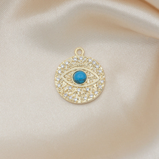 Round Disc Blue Evil Eye Charm, Gold Plated Medallion Charm Eye of Ra Amulet Jewelry Pendants Cubic Zirconia,485