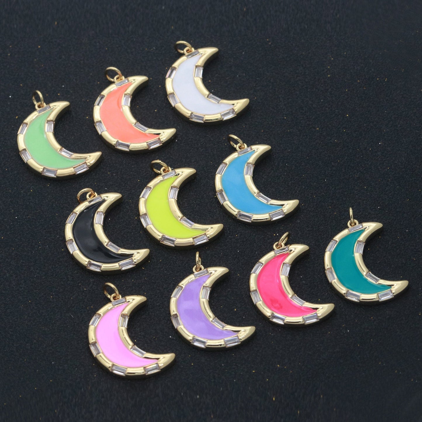 14k Gold Filled Crescent Moon Charm CZ Micro Pave,Enamel Moon Pendant,Celestial Jewelry Cubic Zirconia Charm Bracelet Necklace Earring M-627