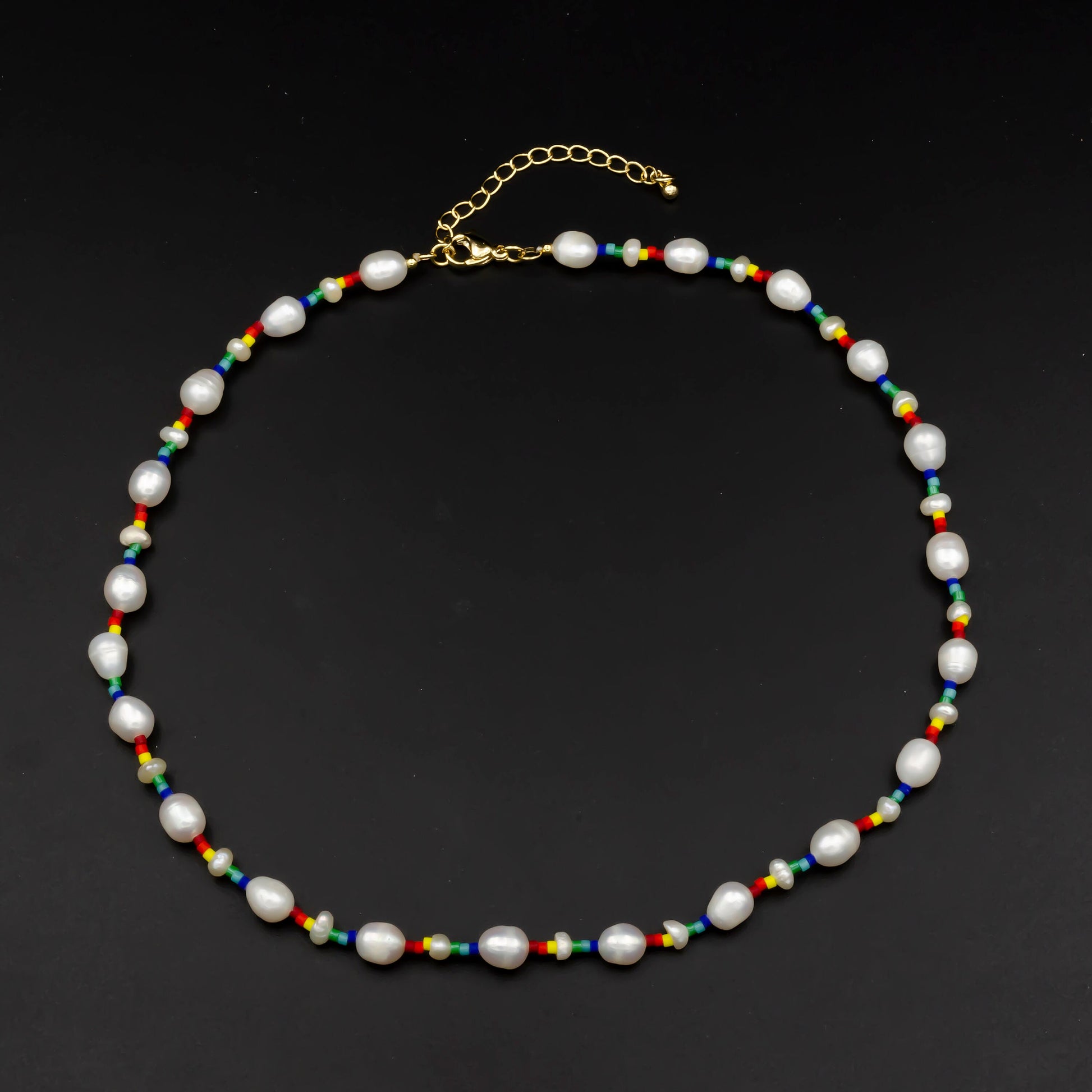 Y2K Rainbow Bead Love Necklace with Fresh Water Pearl Bead Chocker Necklace 16 inch + 2 inch extender Christmas Gift for her, WA-303