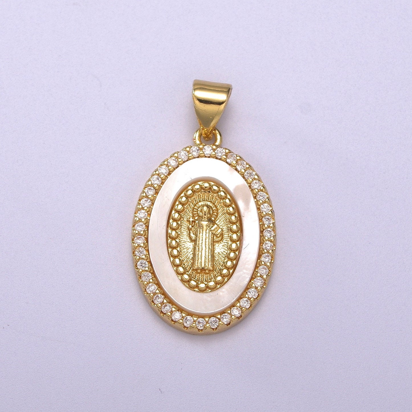 Oval CZ Pearl liner St.Mary Magdalene, St. Christopher, St. Benedict goldfilled Charm,Religious Jewelry Protection for Necklace RosaryN-1385