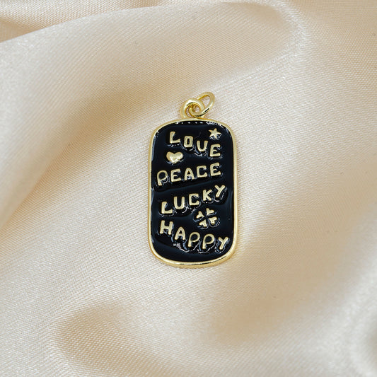 Black / Red / White Gold Tag Charm Enamel Military Tag Pendant Love Peace Lucky Happy Word Charm for Necklace Bracelet Earring Supply