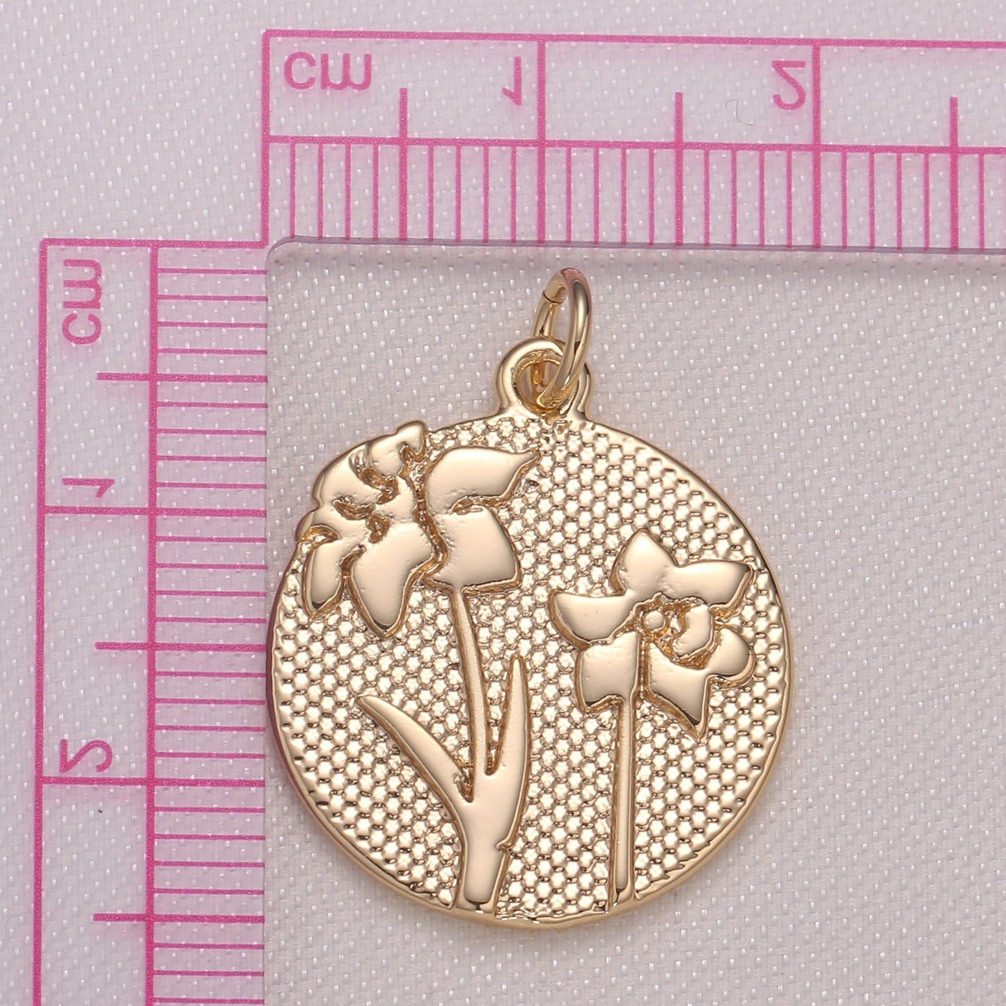 Lily Flower Charm- Gold plated over Brass Dainty Floral Medallion Charm Coin Disc Round Pendant for Minimalist Jewelry Supply GP942