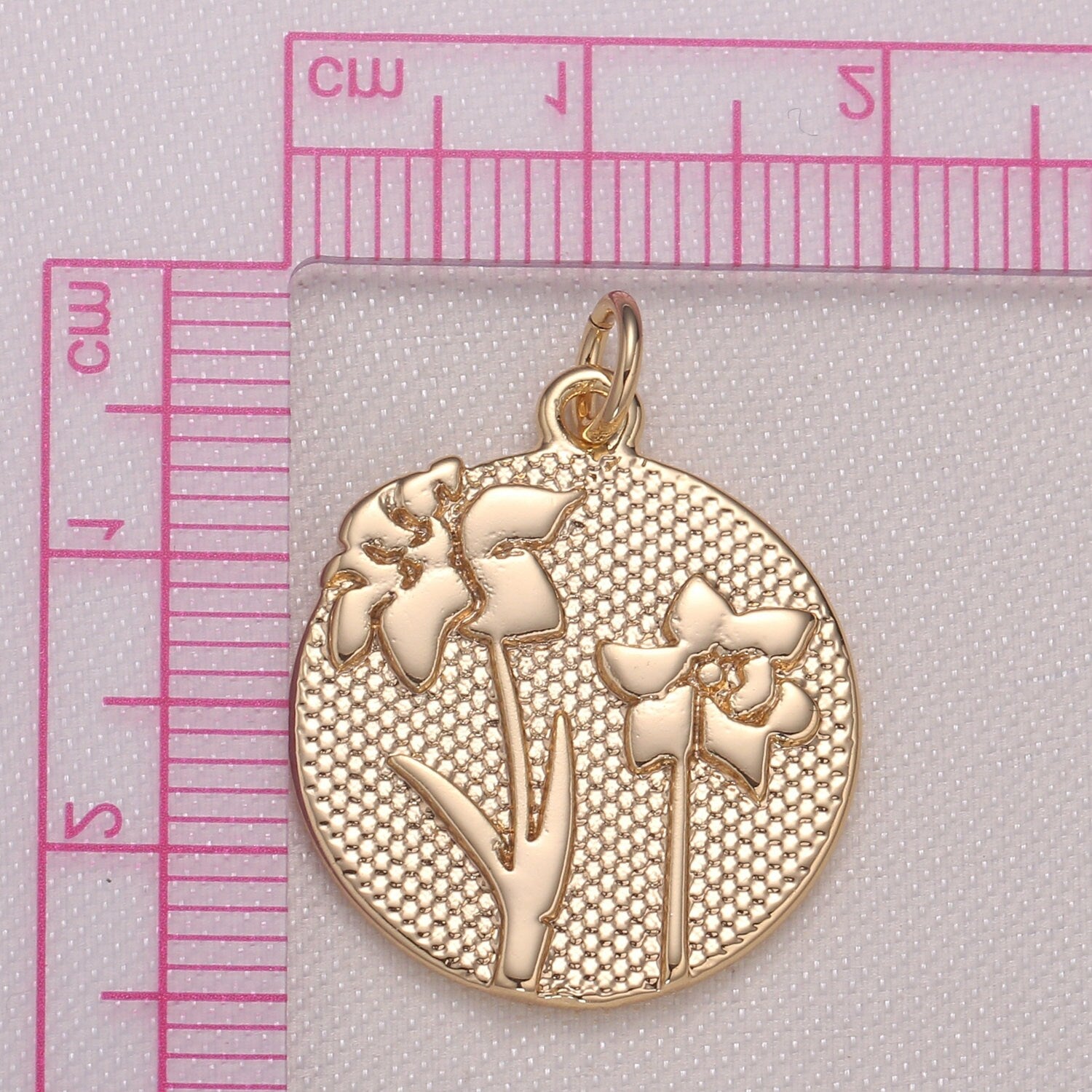 Lily Flower Charm- Gold plated over Brass Dainty Floral Medallion Charm Coin Disc Round Pendant for Minimalist Jewelry Supply GP942