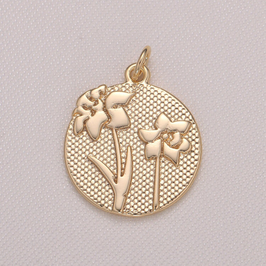 Lily Flower Charm- Gold plated over Brass Dainty Floral Medallion Charm Coin Disc Round Pendant for Minimalist Jewelry Supply GP942