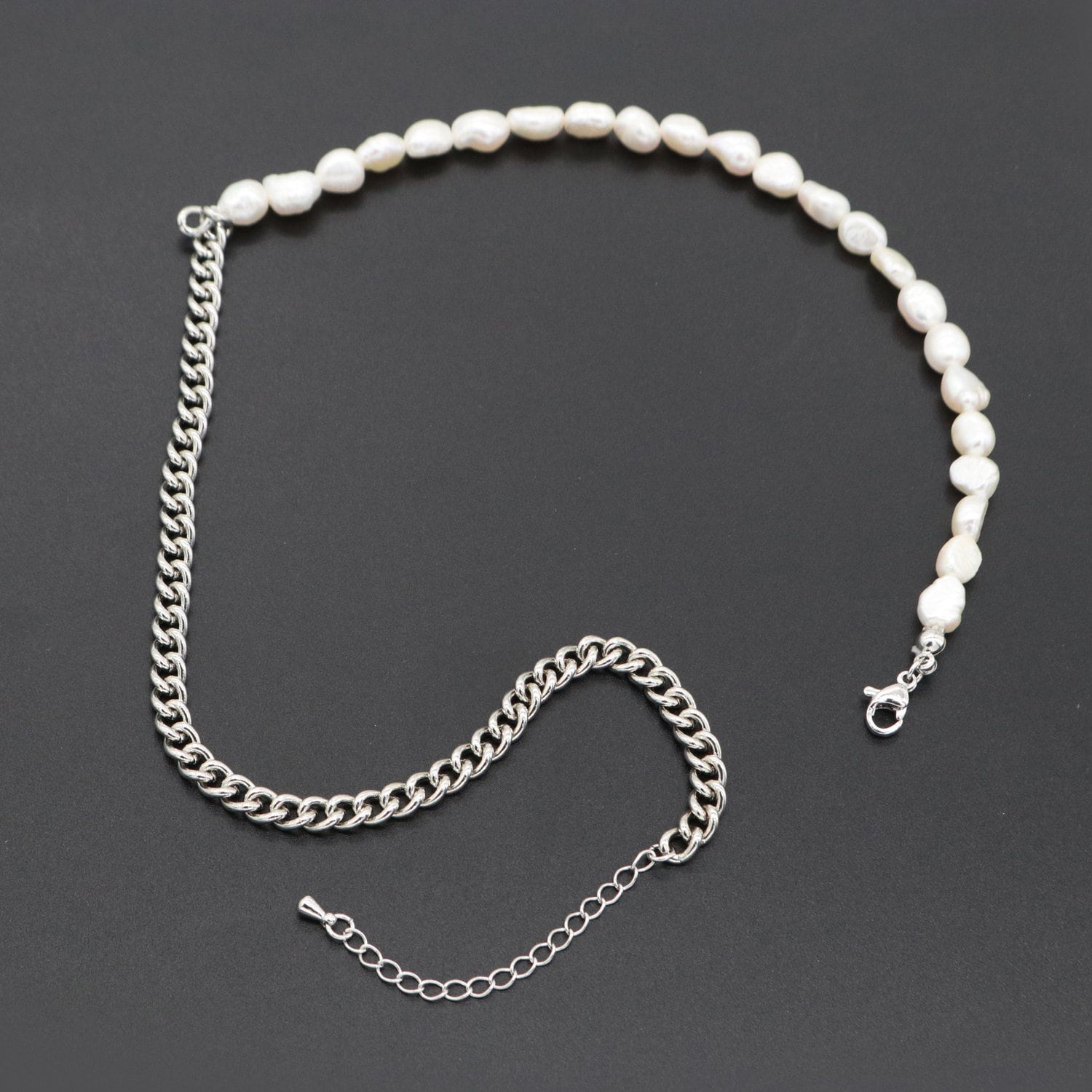 White Fresh Water Baroque Pearl Silver Curb Chain Link Necklace Unisex Jewelry, 6 mm Pearl Necklace 15 inch + 2 " extender, WA-286