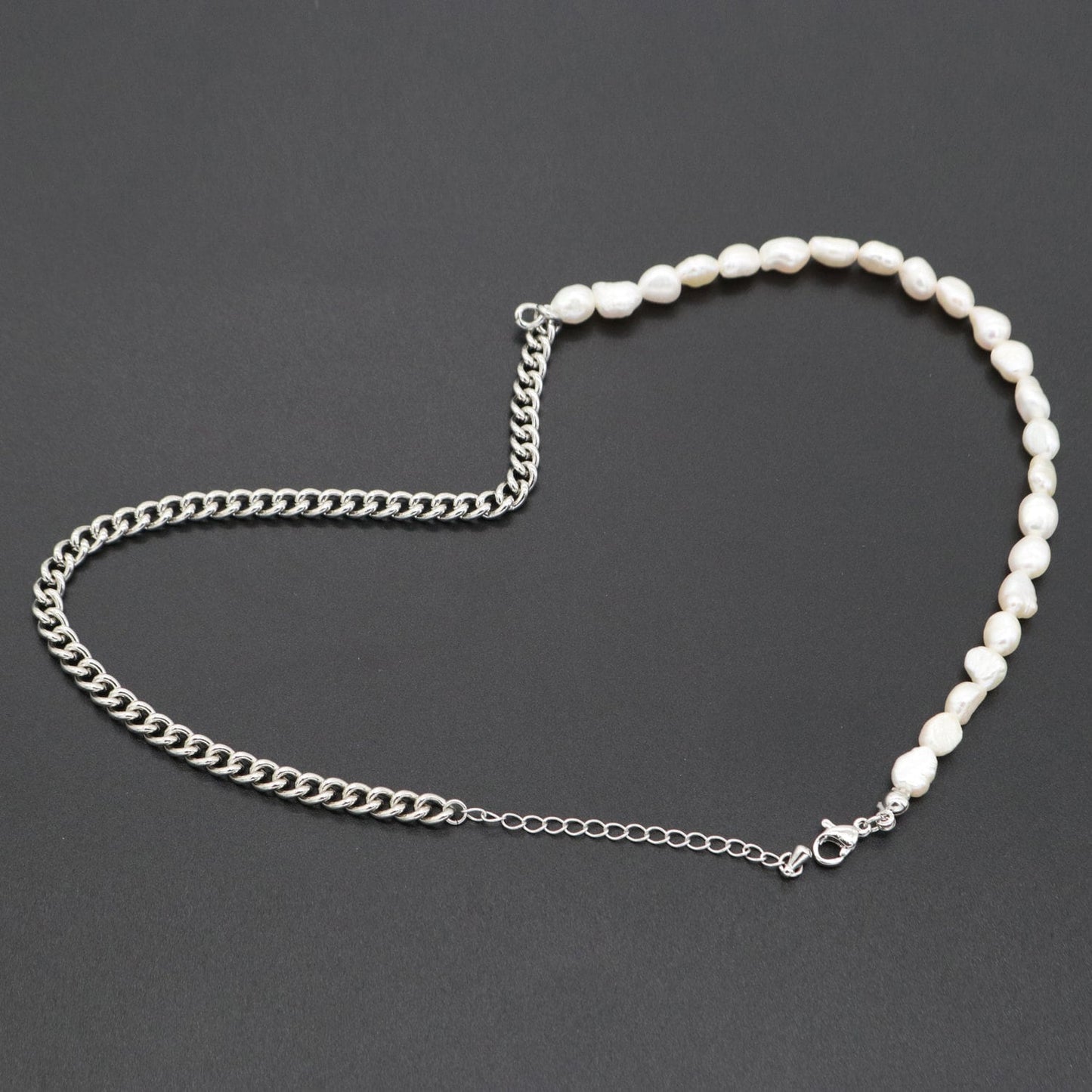 White Fresh Water Baroque Pearl Silver Curb Chain Link Necklace Unisex Jewelry, 6 mm Pearl Necklace 15 inch + 2 " extender, WA-286