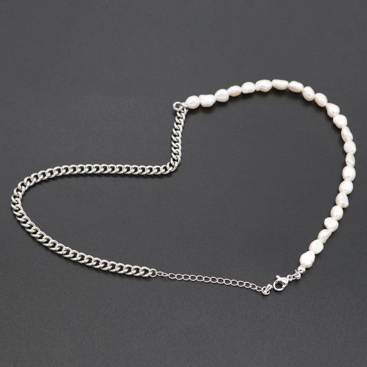 White Fresh Water Baroque Pearl Silver Curb Chain Link Necklace Unisex Jewelry, 6 mm Pearl Necklace 15 inch + 2 " extender, WA-286