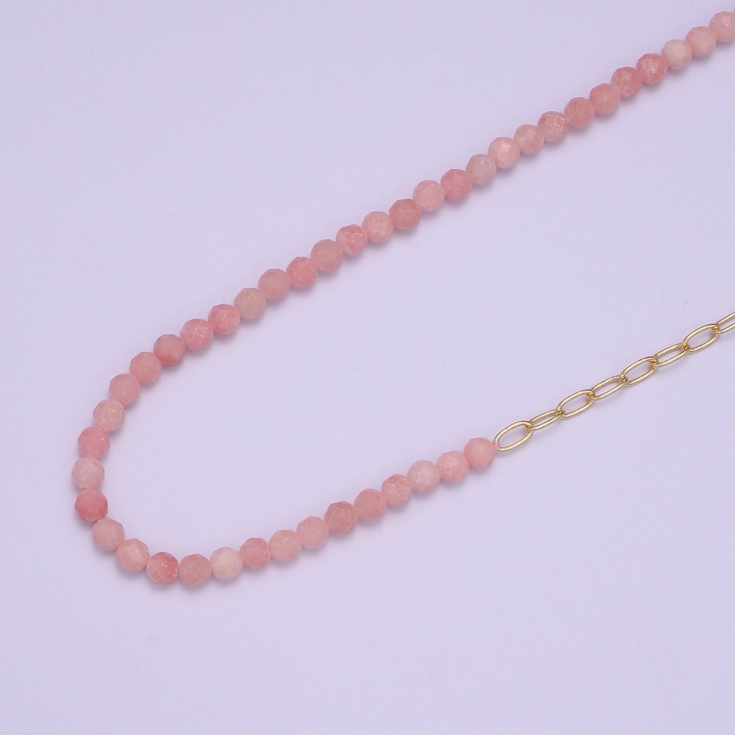 Half Pink Quartz half chain necklace, Minimalist Beaded Paperclip chain necklace Gold Filled Dainy Mix Chain Necklace