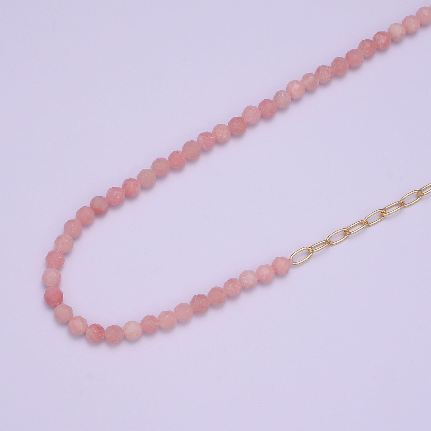 Half Pink Quartz half chain necklace, Minimalist Beaded Paperclip chain necklace Gold Filled Dainy Mix Chain Necklace