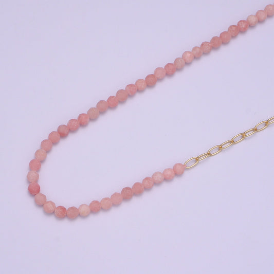 Half Pink Quartz half chain necklace, Minimalist Beaded Paperclip chain necklace Gold Filled Dainy Mix Chain Necklace