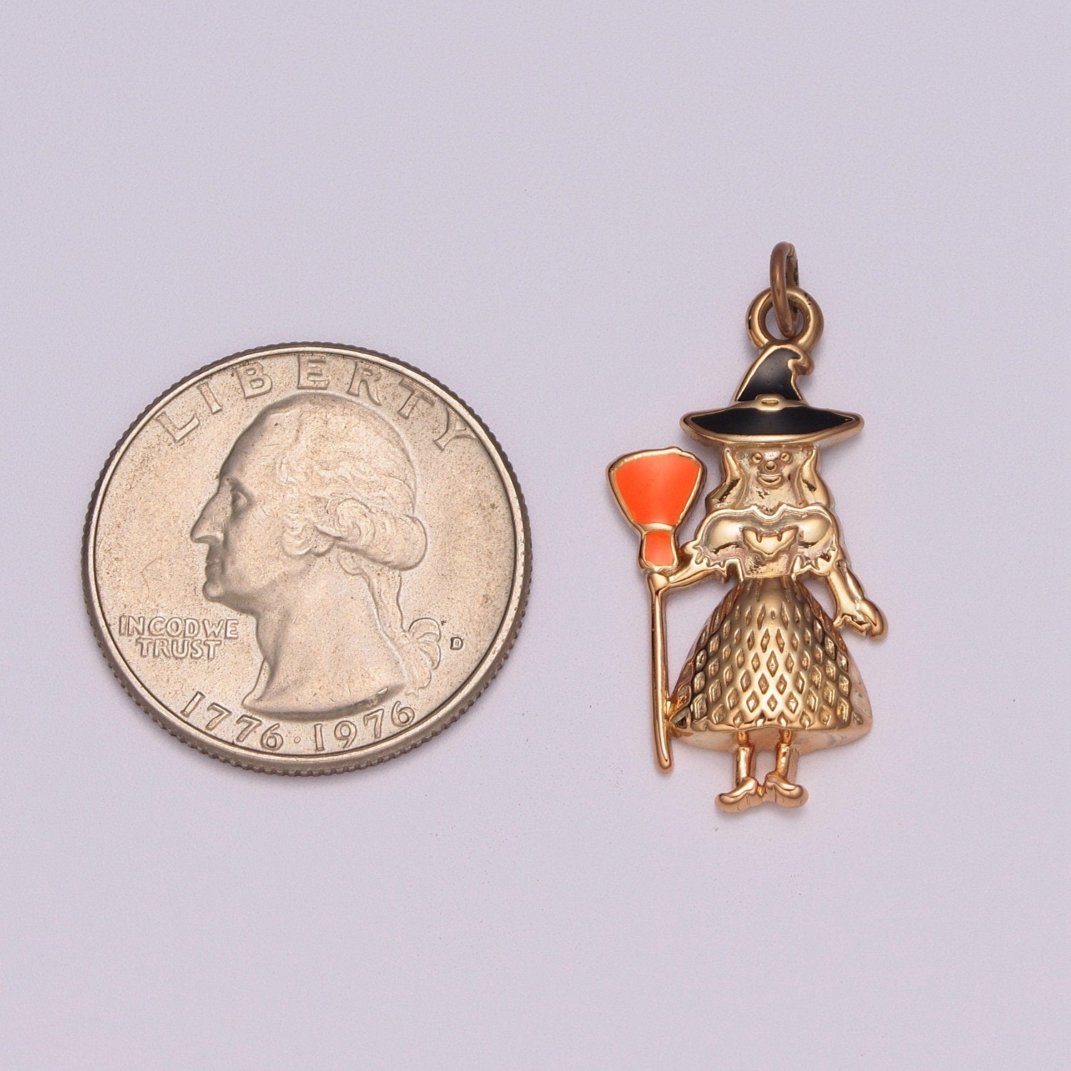 Gold Witch Charm Enamel Old Hag Witch With Broom for Halloween Pendant Jewelry Inspired